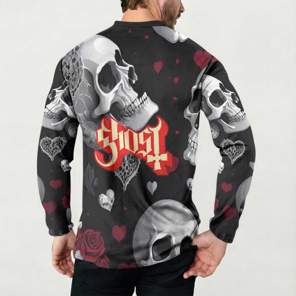 Ghost Valentine Button Sweatshirt with Rockets Skull Heart Pattern