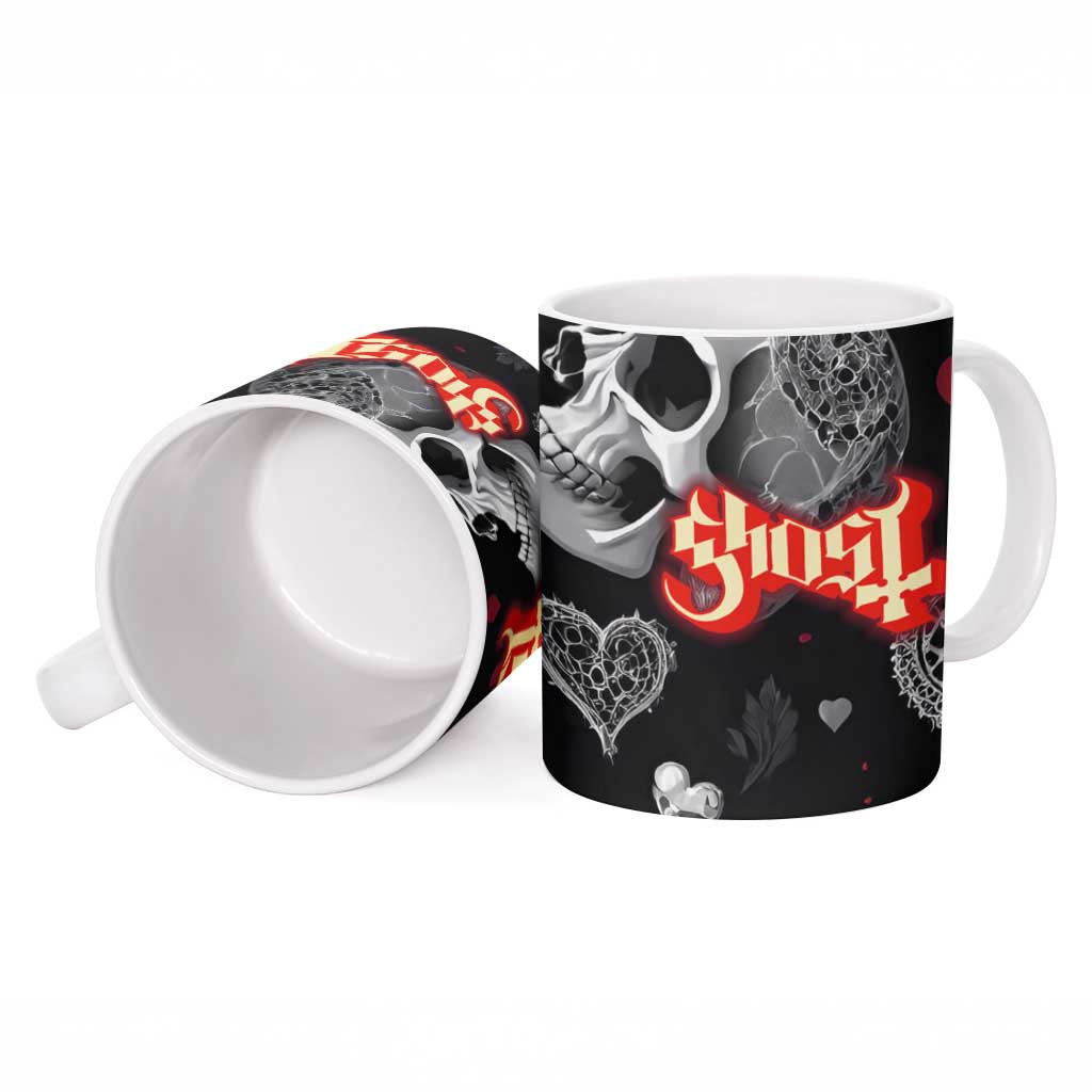 Ghost Valentine Ceramic Mug with Rockets Skull Heart Pattern