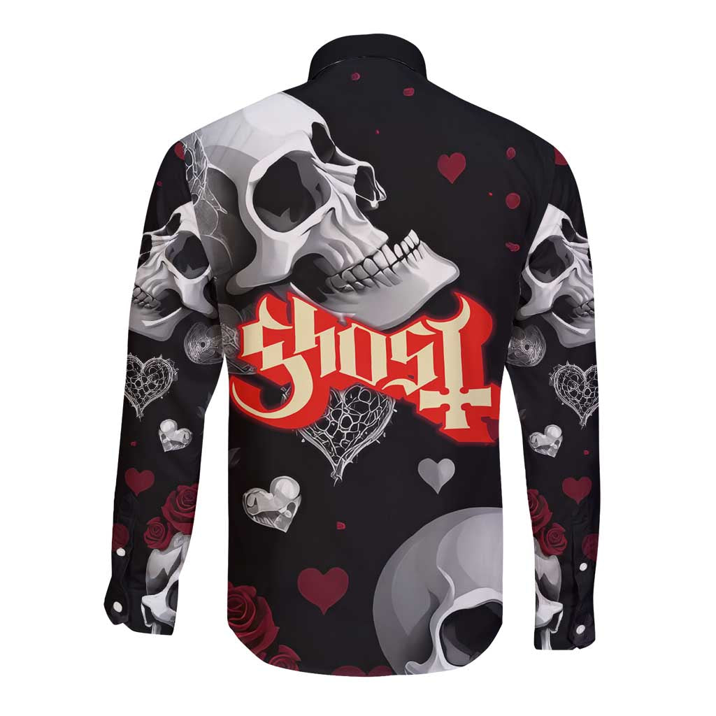 Ghost Valentine Long Sleeve Button Shirt with Rockets Skull Heart Pattern