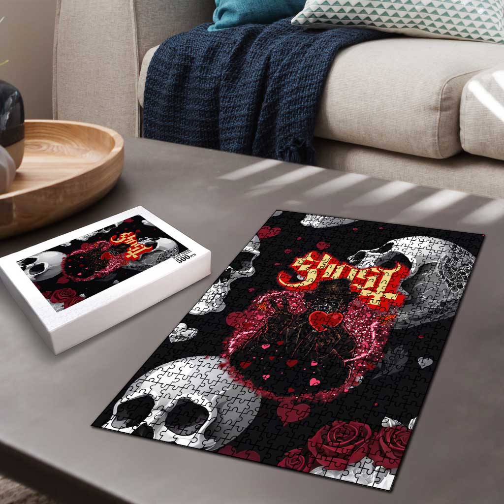Ghost Valentine Puzzle with Rockets Skull Heart Pattern