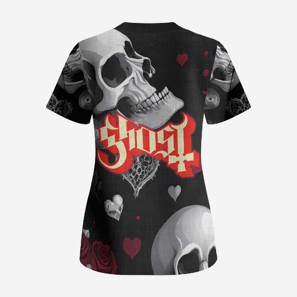 Ghost Valentine Scrub Top with Rockets Skull Heart Pattern