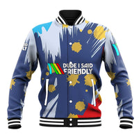 Dude I Said Friendly Graphic Baseball Jacket with Gold Paint Splatter and Retro Stripes
