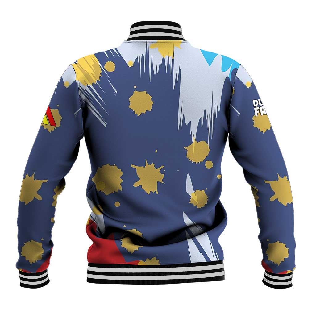Dude I Said Friendly Graphic Baseball Jacket with Gold Paint Splatter and Retro Stripes