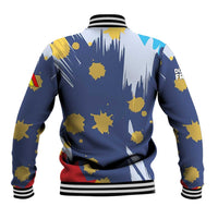 Dude I Said Friendly Graphic Baseball Jacket with Gold Paint Splatter and Retro Stripes