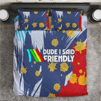 Dude I Said Friendly Graphic Bedding Set with Gold Paint Splatter and Retro Stripes