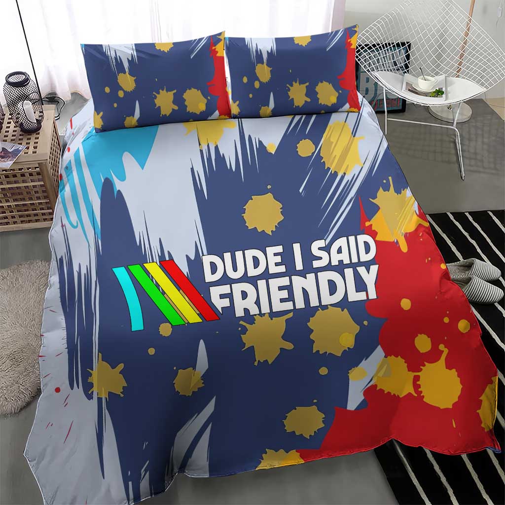 Dude I Said Friendly Graphic Bedding Set with Gold Paint Splatter and Retro Stripes