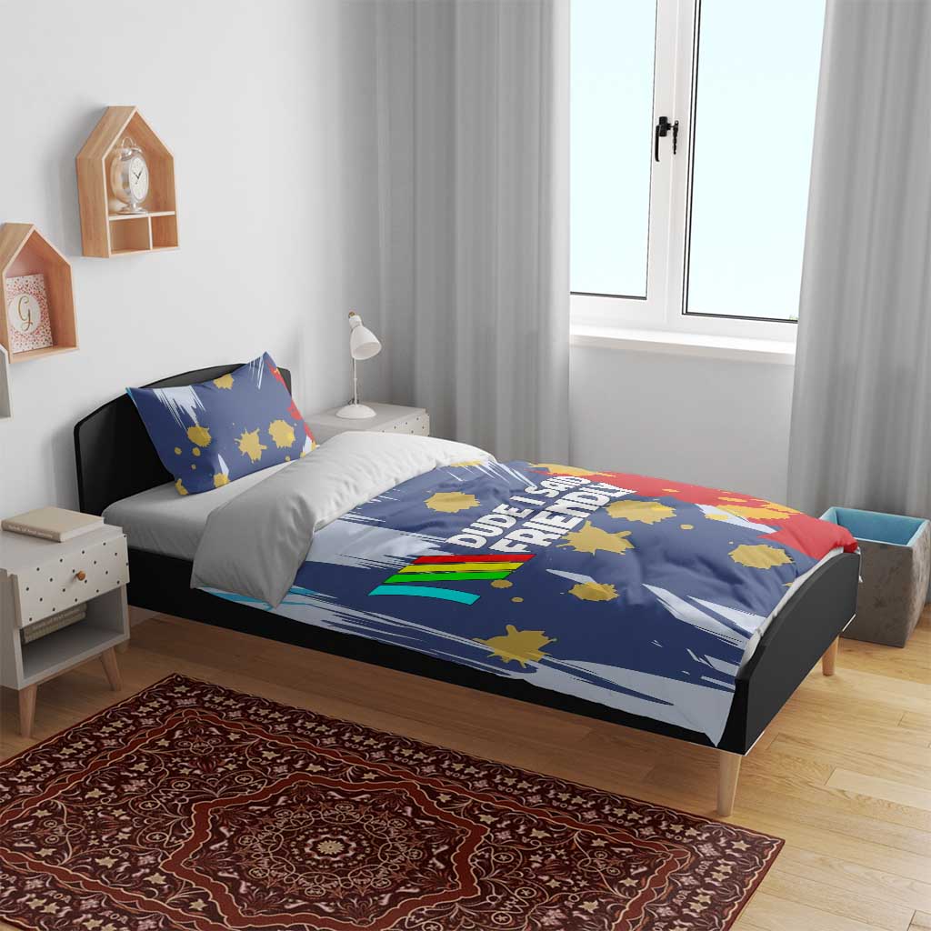 Dude I Said Friendly Graphic Bedding Set with Gold Paint Splatter and Retro Stripes