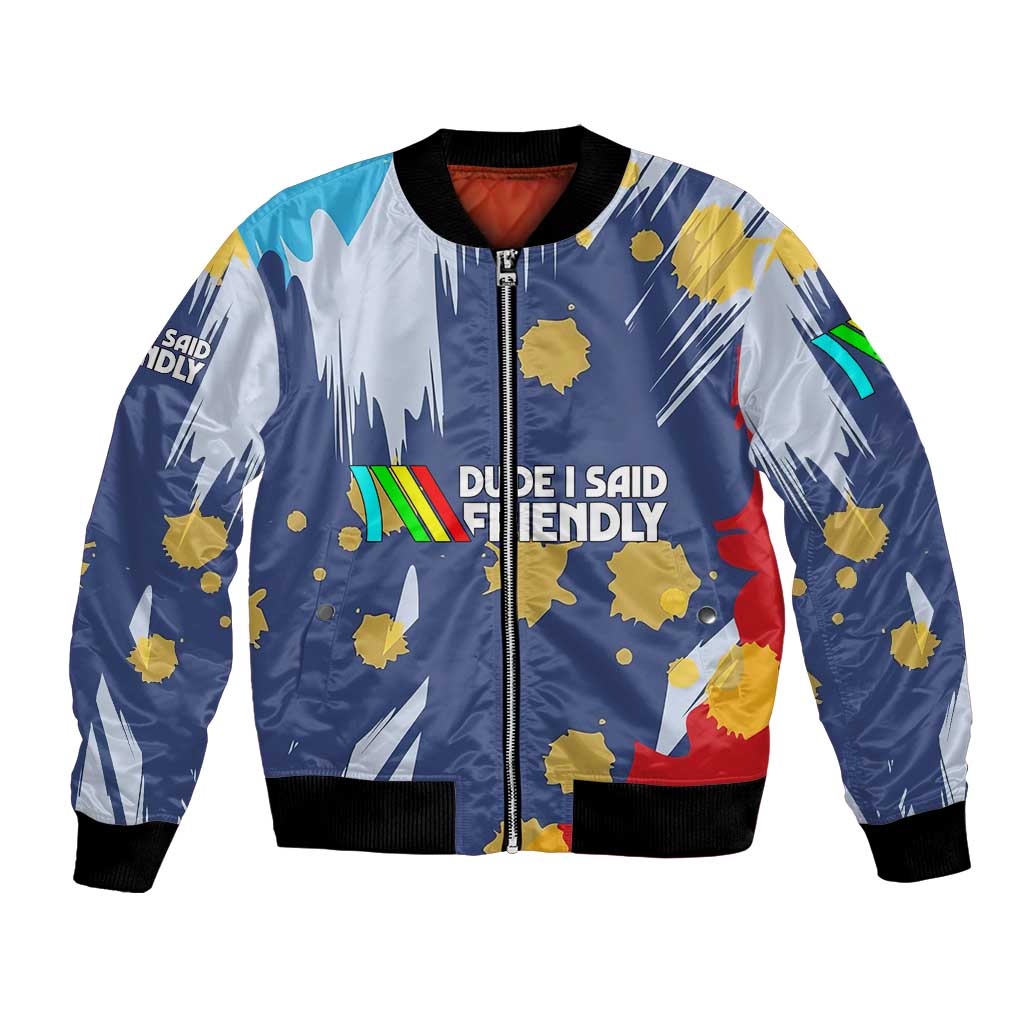 Dude I Said Friendly Graphic Bomber Jacket with Gold Paint Splatter and Retro Stripes