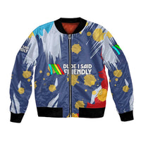 Dude I Said Friendly Graphic Bomber Jacket with Gold Paint Splatter and Retro Stripes