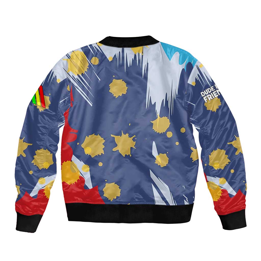 Dude I Said Friendly Graphic Bomber Jacket with Gold Paint Splatter and Retro Stripes