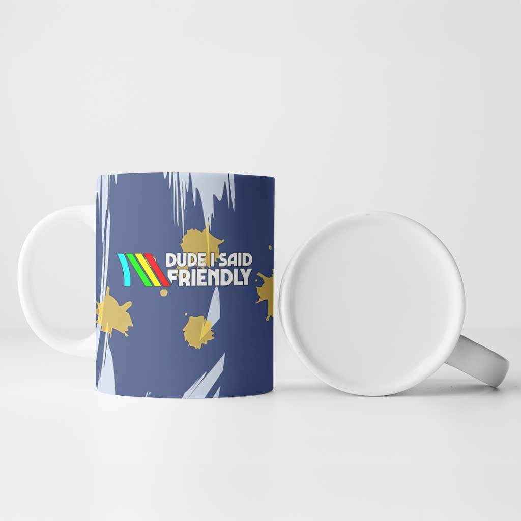 Dude I Said Friendly Graphic Ceramic Mug with Gold Paint Splatter and Retro Stripes
