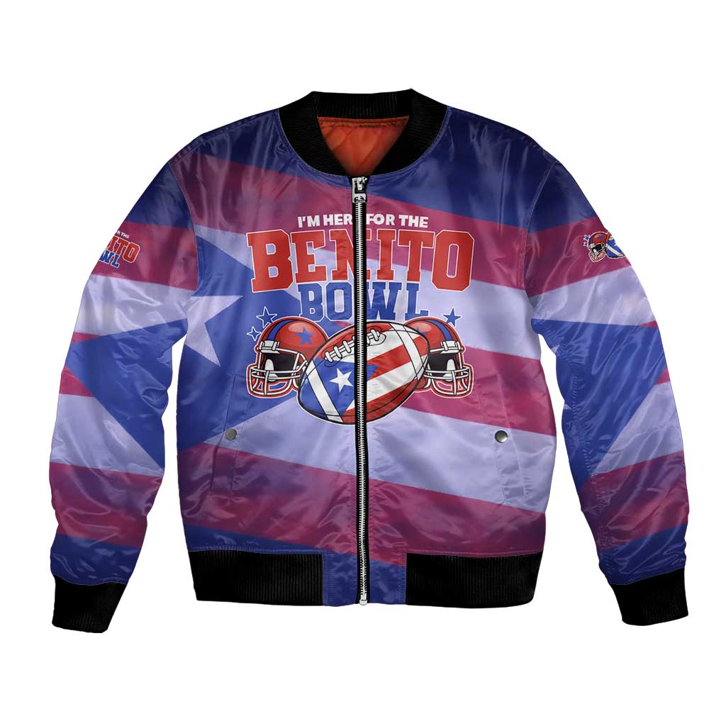 Benito Bowl Fan Gear Bomber Jacket with Puerto Rican Flag Football Graphic