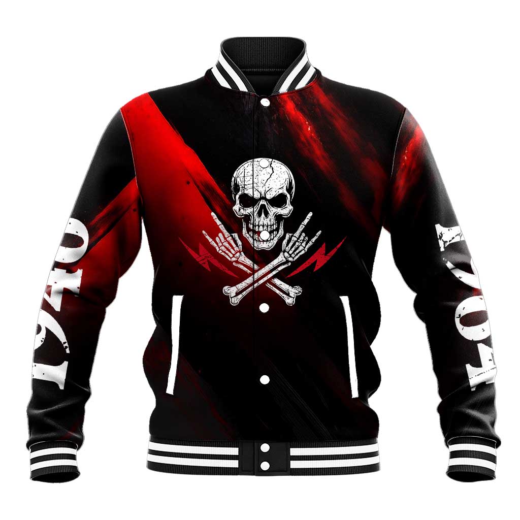 Boomer Generation Baseball Jacket with Skull Crossbones and Grunge Streak Pattern