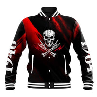 Boomer Generation Baseball Jacket with Skull Crossbones and Grunge Streak Pattern