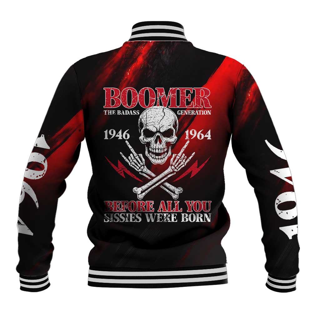 Boomer Generation Baseball Jacket with Skull Crossbones and Grunge Streak Pattern