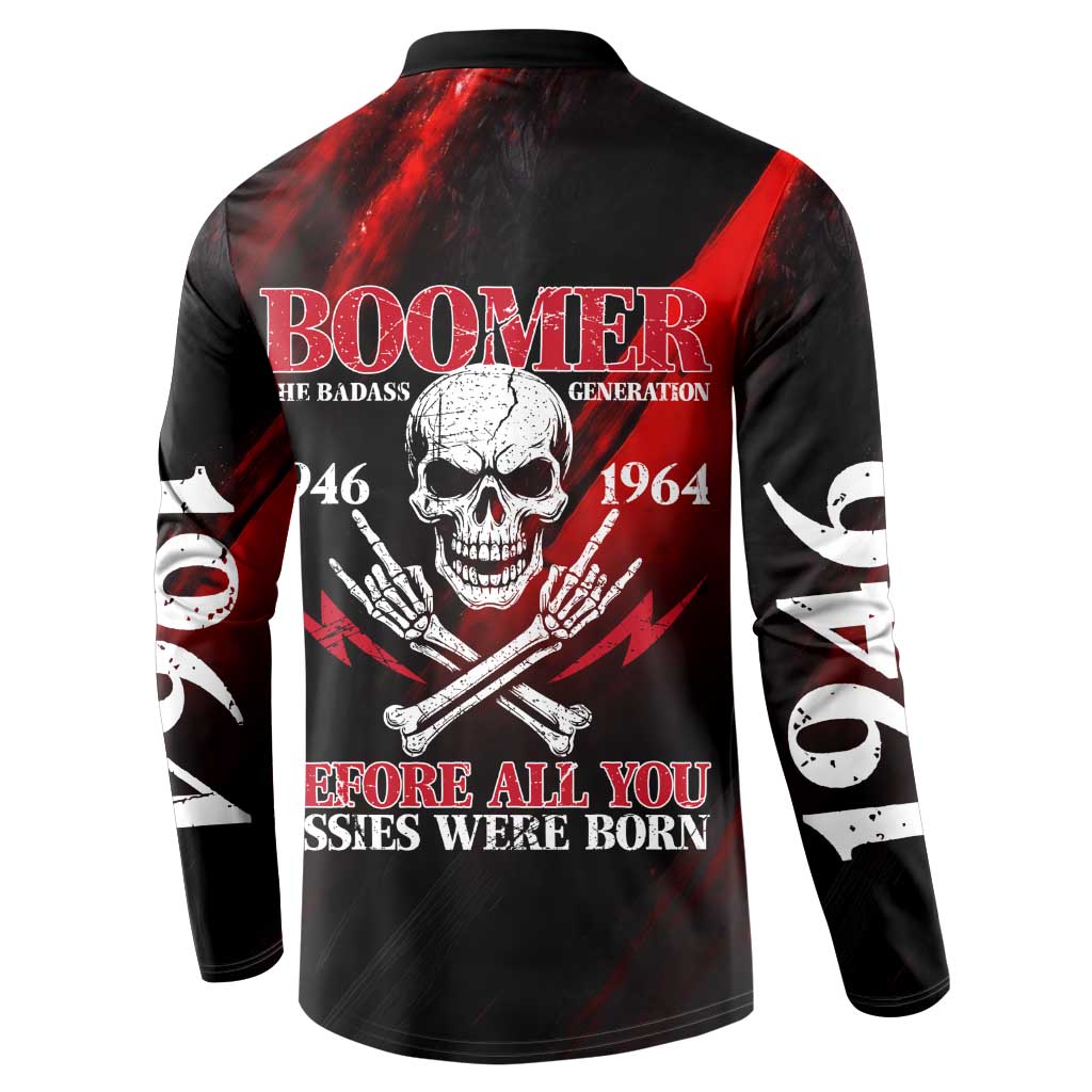 Boomer Generation Button Sweatshirt with Skull Crossbones and Grunge Streak Pattern