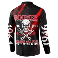 Boomer Generation Button Sweatshirt with Skull Crossbones and Grunge Streak Pattern