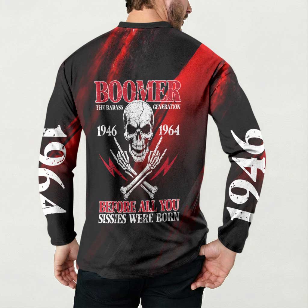 Boomer Generation Button Sweatshirt with Skull Crossbones and Grunge Streak Pattern