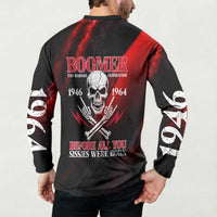 Boomer Generation Button Sweatshirt with Skull Crossbones and Grunge Streak Pattern