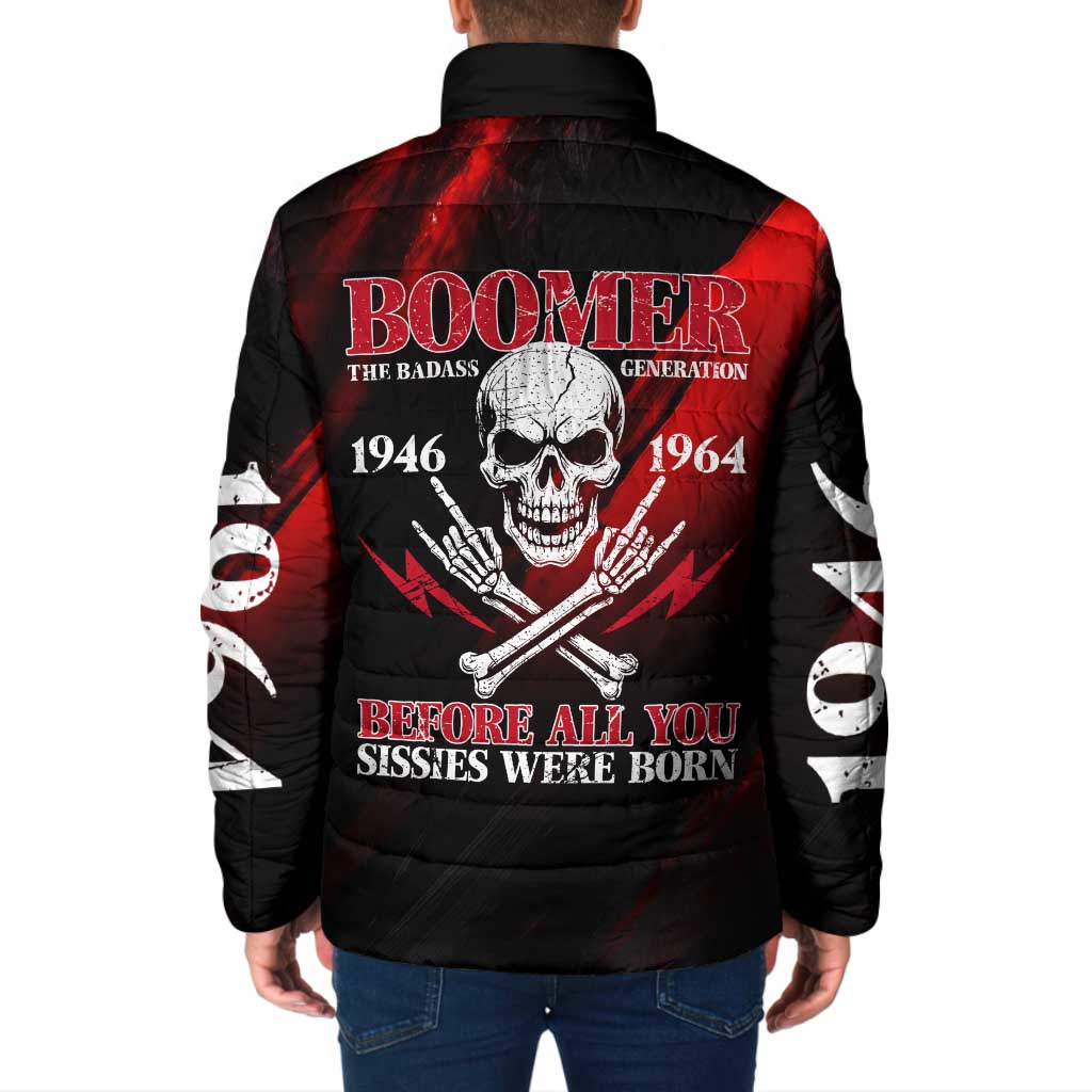Boomer Generation Padded Jacket with Skull Crossbones and Grunge Streak Pattern