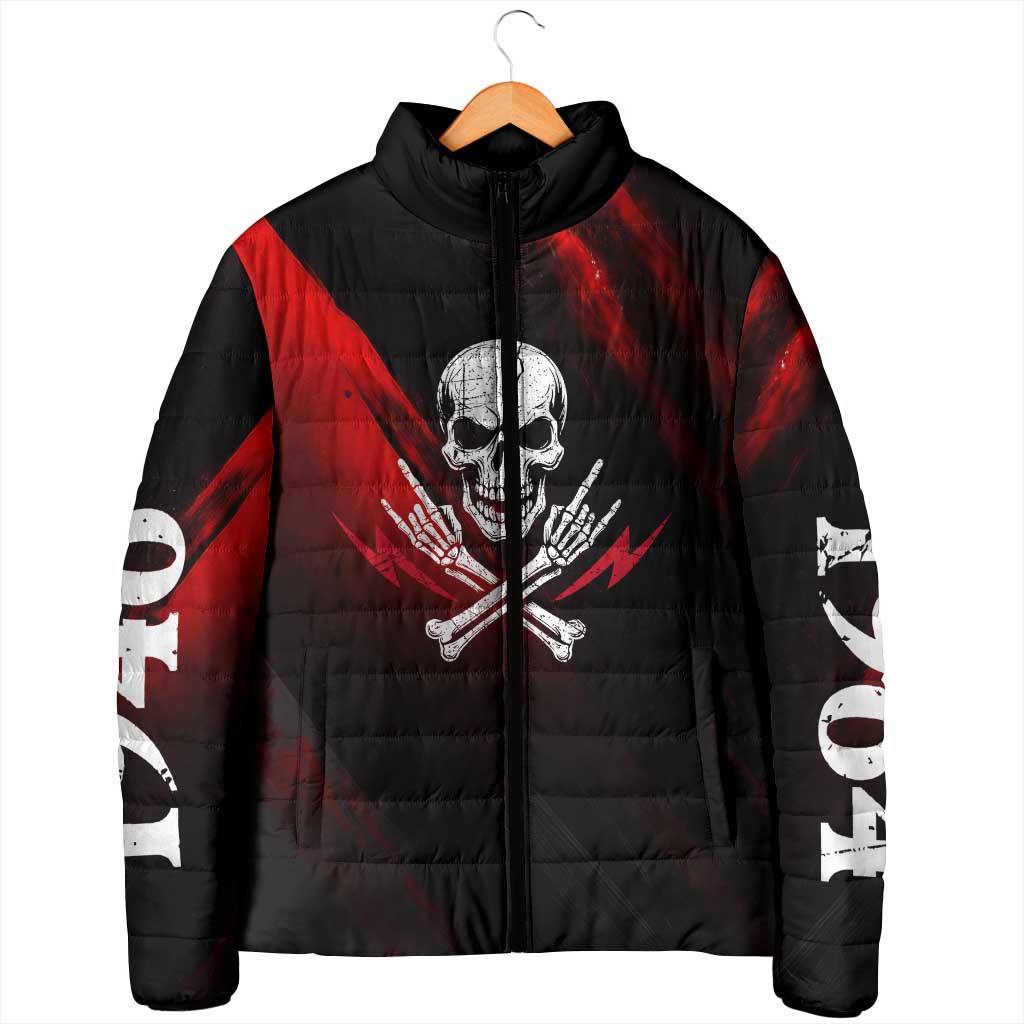 Boomer Generation Padded Jacket with Skull Crossbones and Grunge Streak Pattern