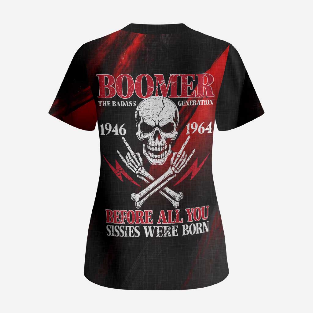 Boomer Generation Scrub Top with Skull Crossbones and Grunge Streak Pattern