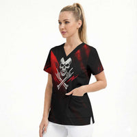 Boomer Generation Scrub Top with Skull Crossbones and Grunge Streak Pattern