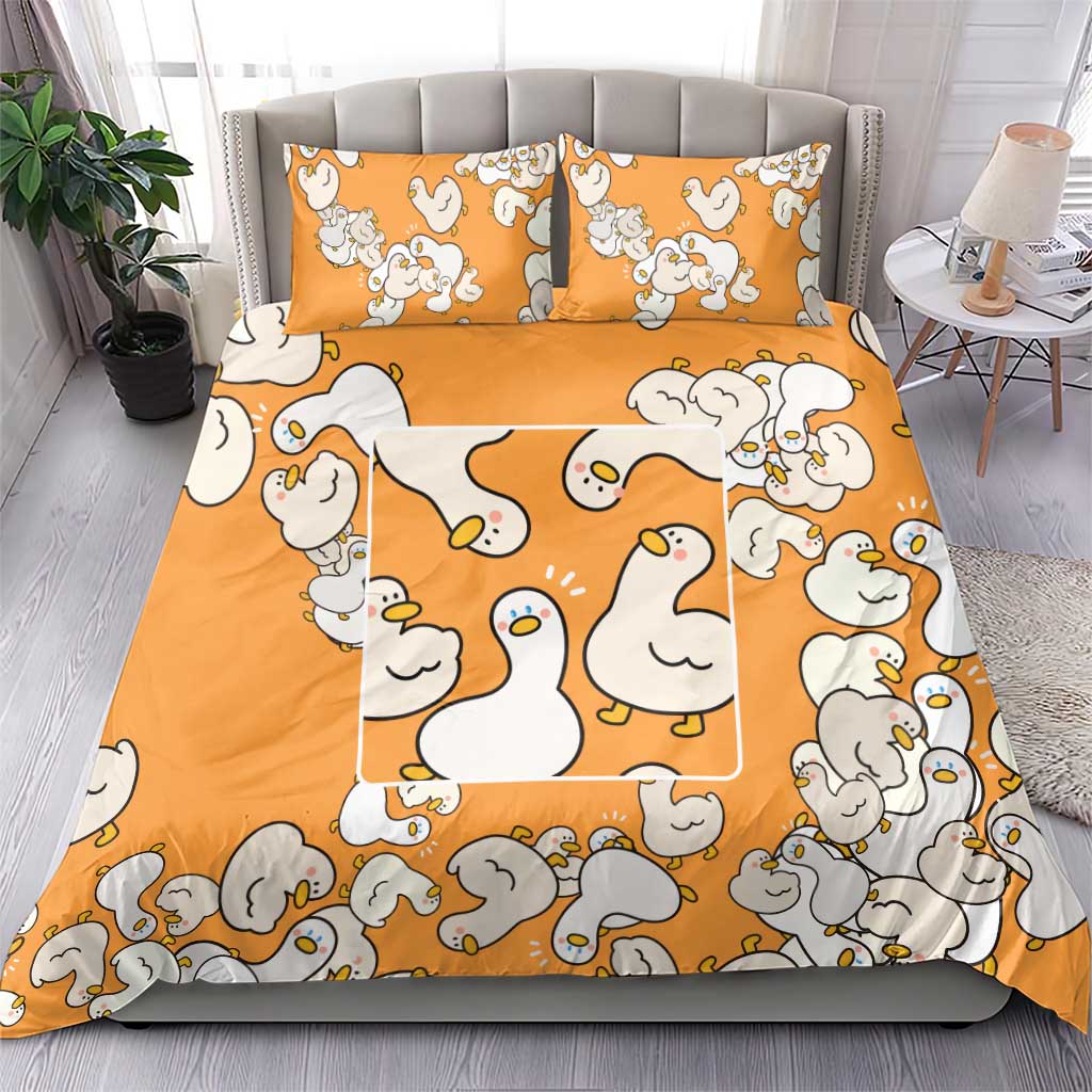 Chubby Duck Bedding Set Shocked White Ducks Cartoon Doodle Pattern