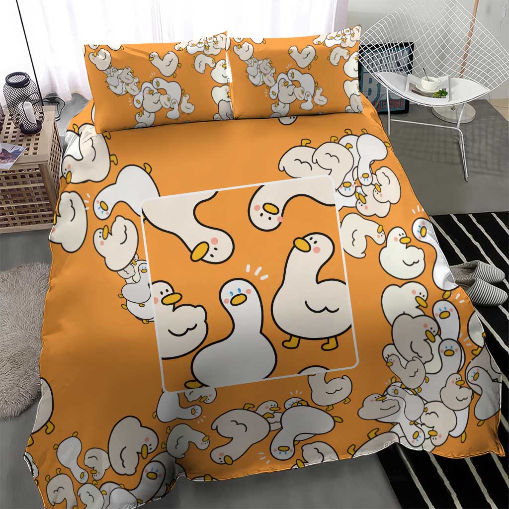 Chubby Duck Bedding Set Shocked White Ducks Cartoon Doodle Pattern