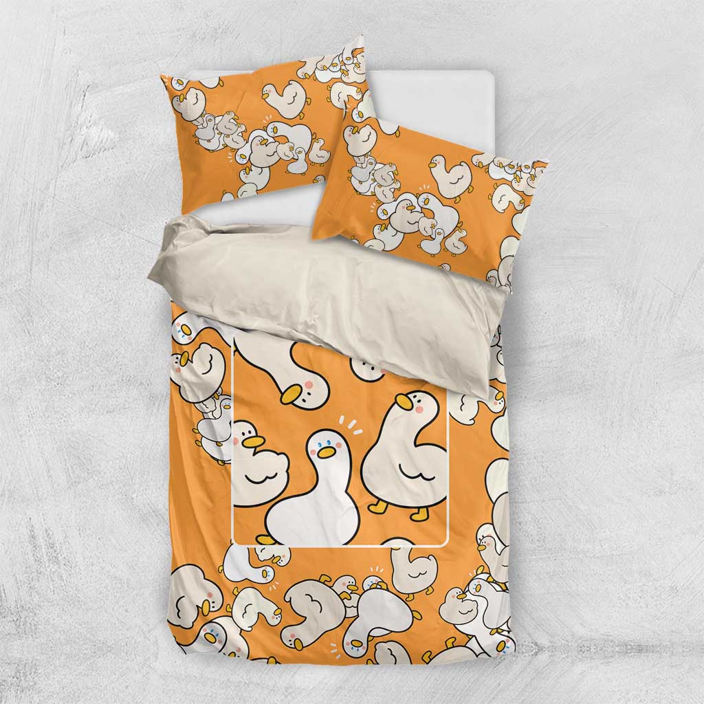 Chubby Duck Bedding Set Shocked White Ducks Cartoon Doodle Pattern