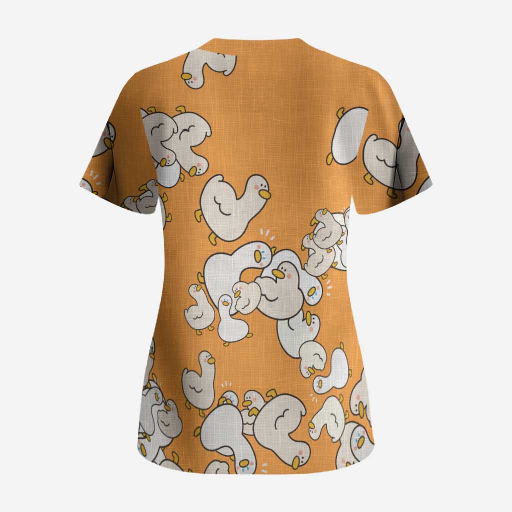 Chubby Duck Scrub Top Shocked White Ducks Cartoon Doodle Pattern