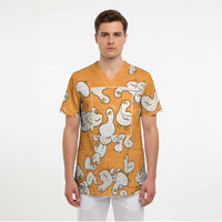 Chubby Duck Scrub Top Shocked White Ducks Cartoon Doodle Pattern