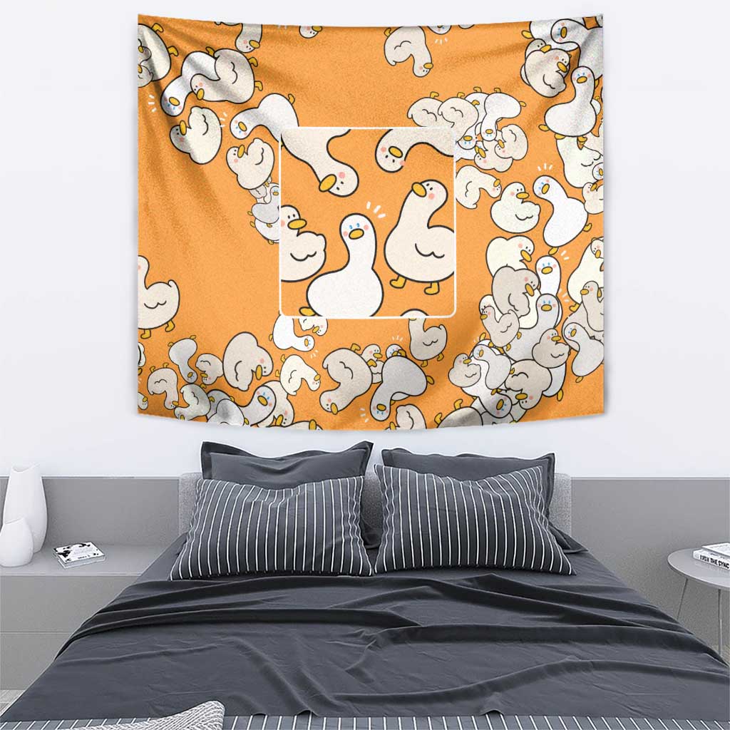 Chubby Duck Tapestry Shocked White Ducks Cartoon Doodle Pattern