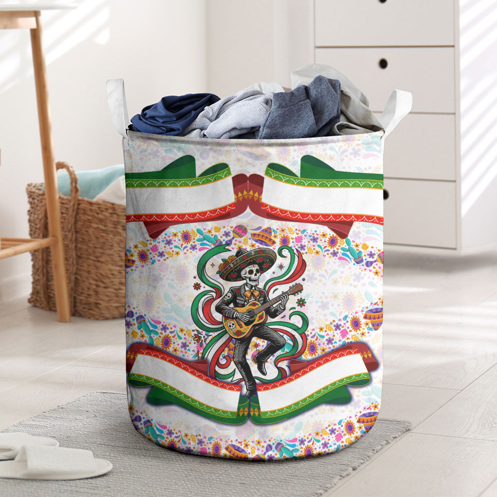 Cinco De Mayo Sugar Skull Mariachi Laundry Basket Mexican Fiesta Floral Skeleton Guitar Folk Art