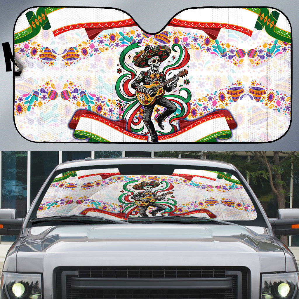 Cinco De Mayo Sugar Skull Mariachi Auto Sun Shade Mexican Fiesta Floral Skeleton Guitar Folk Art