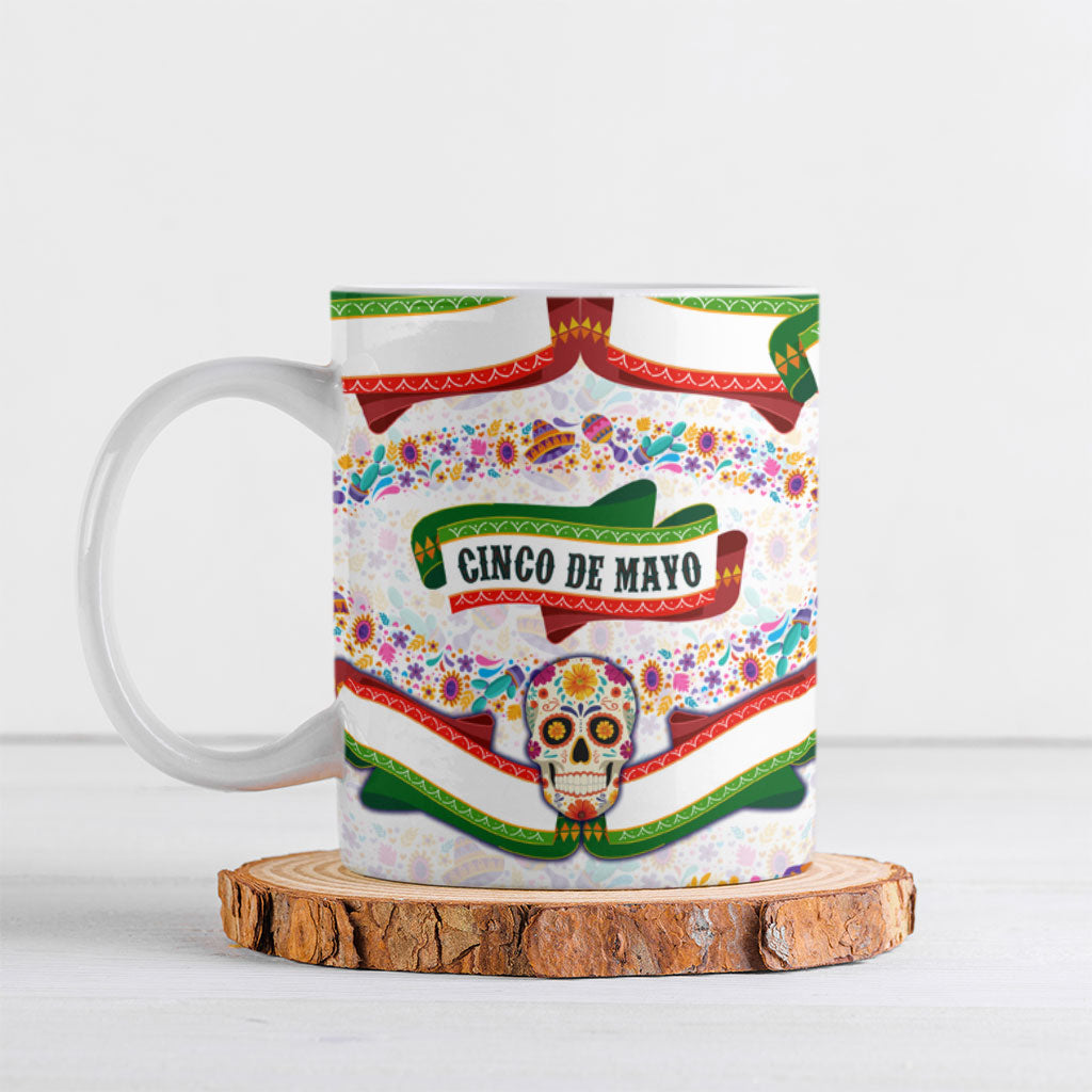 Cinco De Mayo Sugar Skull Mariachi Ceramic Mug Mexican Fiesta Floral Skeleton Guitar Folk Art