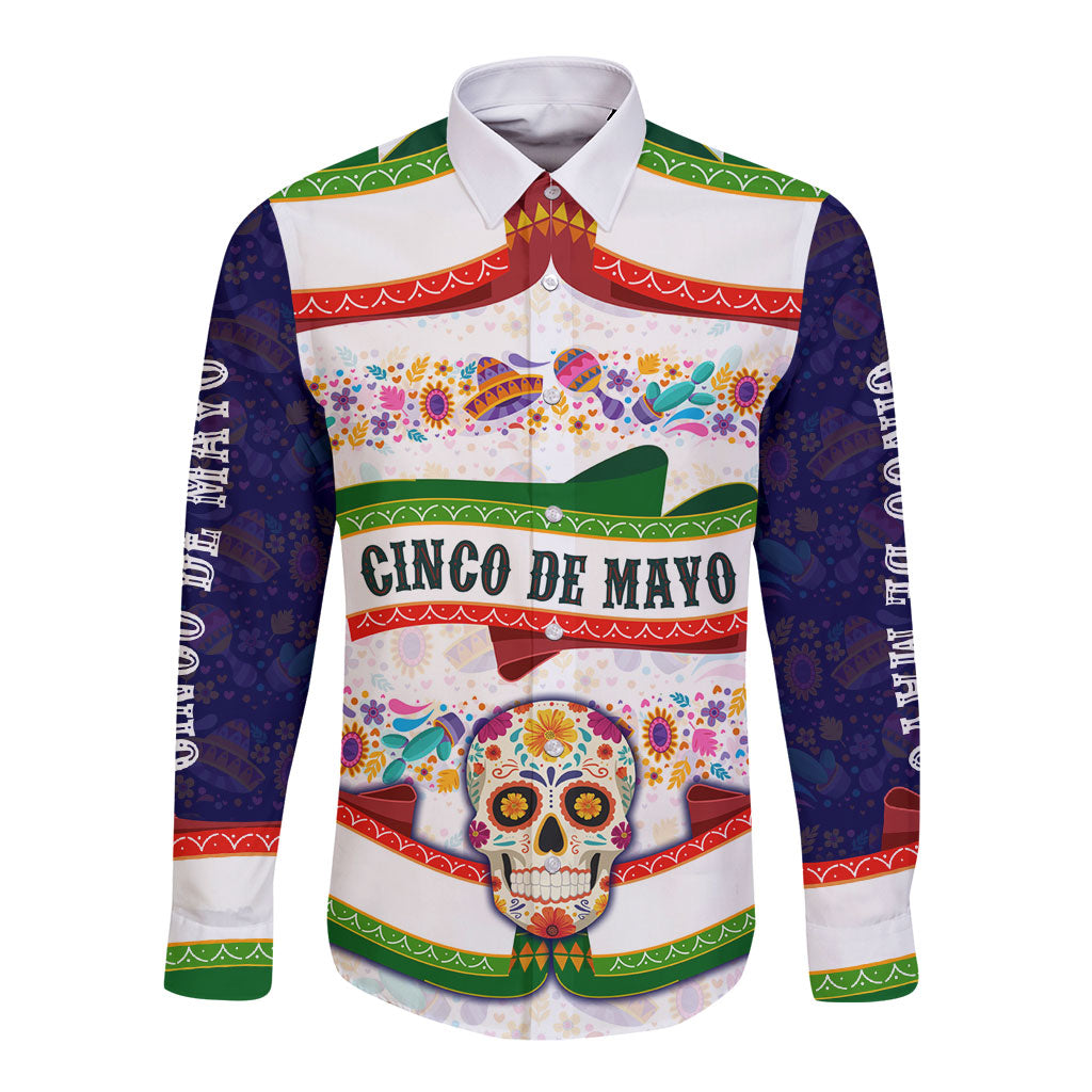 Cinco De Mayo Sugar Skull Mariachi Long Sleeve Button Shirt Mexican Fiesta Floral Skeleton Guitar Folk Art
