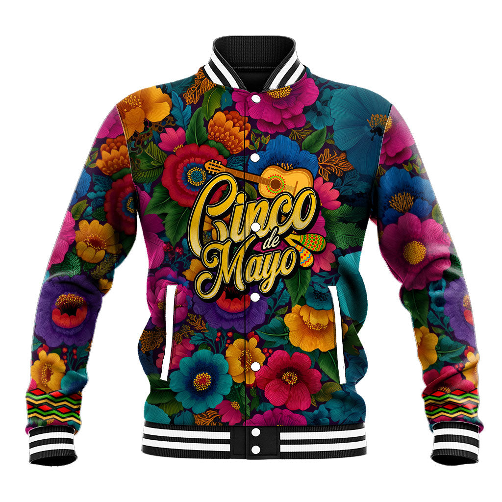 Cinco De Mayo Baseball Jacket Mariachi Dancer - Vibrant Mexican Floral Fiesta Guitar Folk Art