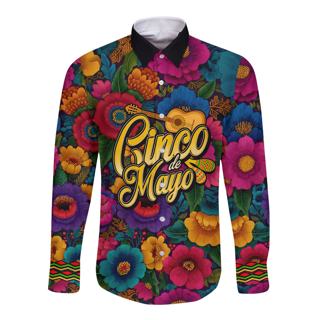 Cinco De Mayo Long Sleeve Button Shirt Mariachi Dancer - Vibrant Mexican Floral Fiesta Guitar Folk Art