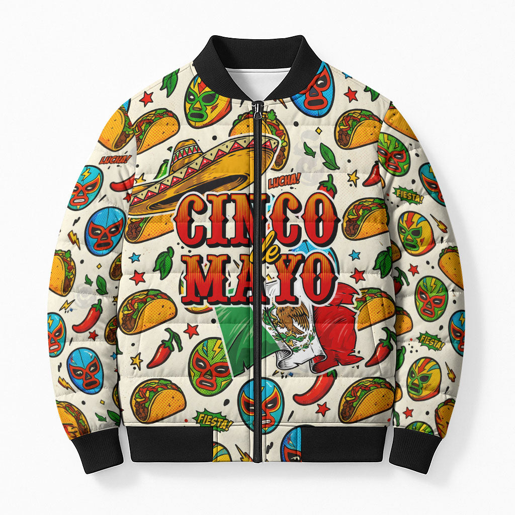 Cinco De Mayo Bomber Puffer Jacket Lucha Libre Wrestler - Pop Art Comic Style Mexican Fiesta Taco