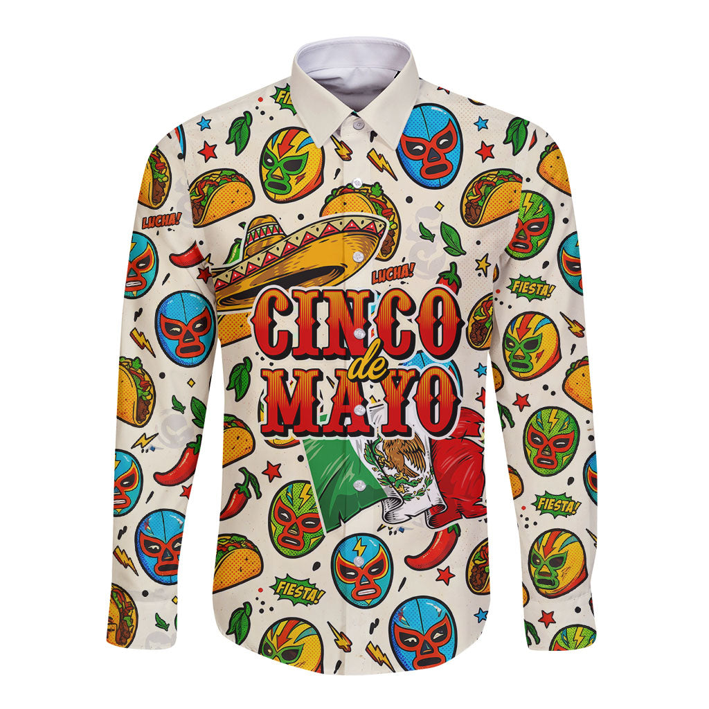 Cinco De Mayo Long Sleeve Button Shirt Lucha Libre Wrestler - Pop Art Comic Style Mexican Fiesta Taco
