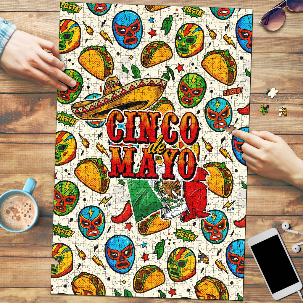 Cinco De Mayo Puzzle Lucha Libre Wrestler - Pop Art Comic Style Mexican Fiesta Taco