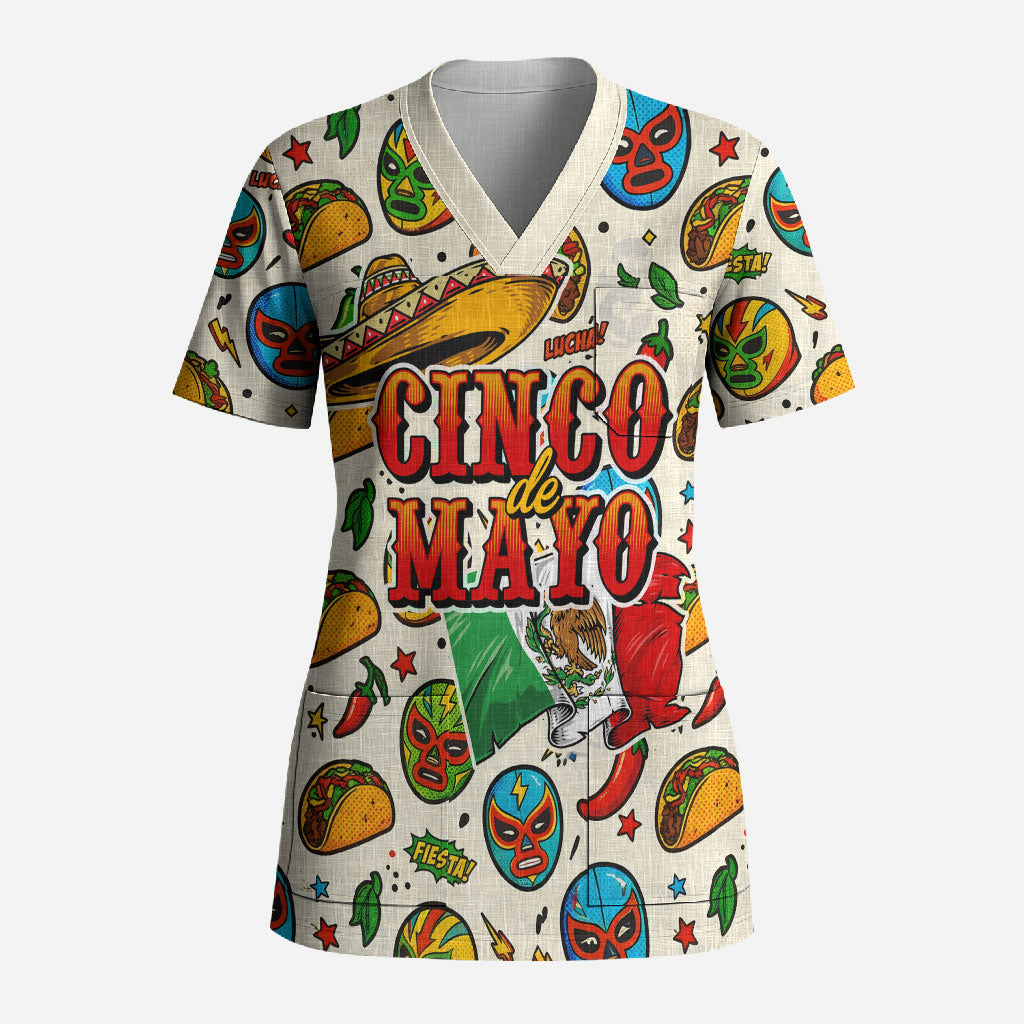 Cinco De Mayo Scrub Top Lucha Libre Wrestler - Pop Art Comic Style Mexican Fiesta Taco