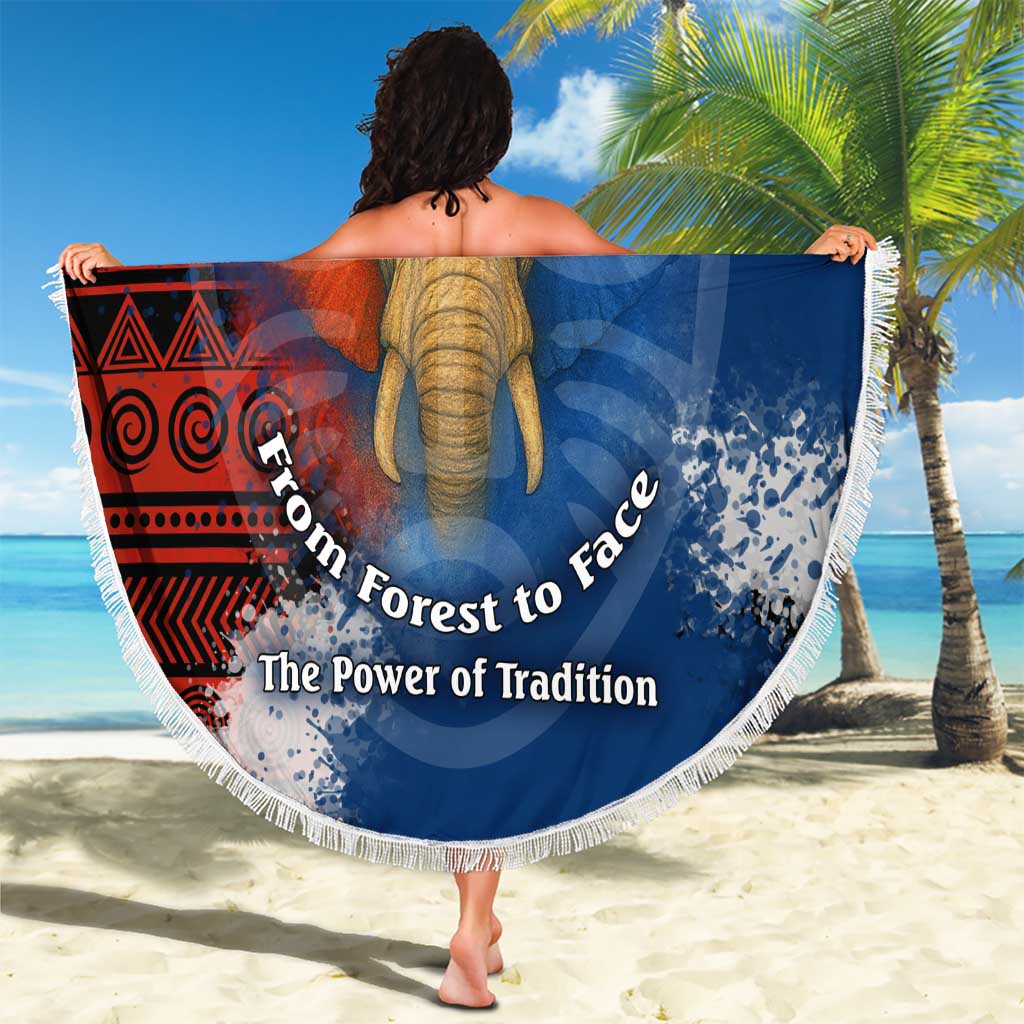 Liberia Elephant Power of Tradition Beach Blanket with Tribal Red Blue Splash Pattern