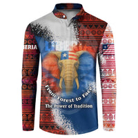 Men's button sweatshirt with elephant graphic and red, blue tribal splash pattern