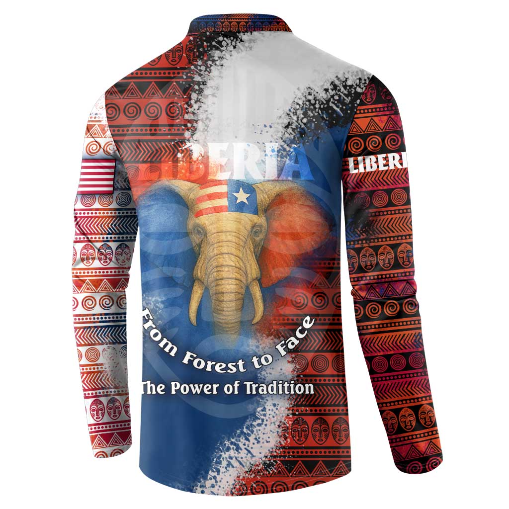 Men's button sweatshirt, back view with elephant center graphic and tribal pattern