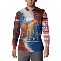 Men's button sweatshirt on model, elephant graphic with tribal red blue pattern