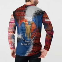 Men's button sweatshirt, back view with elephant graphic and red blue tribal stripes