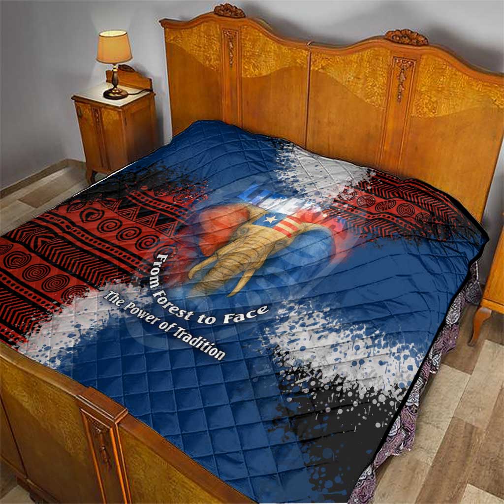 Blue quilt with red patterned edge and elephant image, diamond-quilted fabric on bed