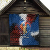 Blue quilt with red tribal bands and elephant motif, quilted surface hanging on wall